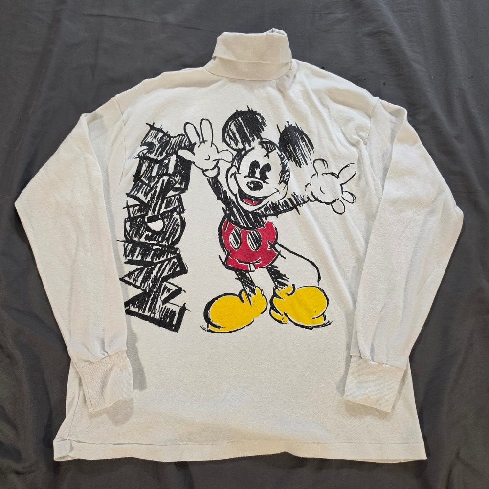 Vintage Dickies Mickey Mouse Turtleneck Shirt Cream Long Sleeve USA Made 40/20W